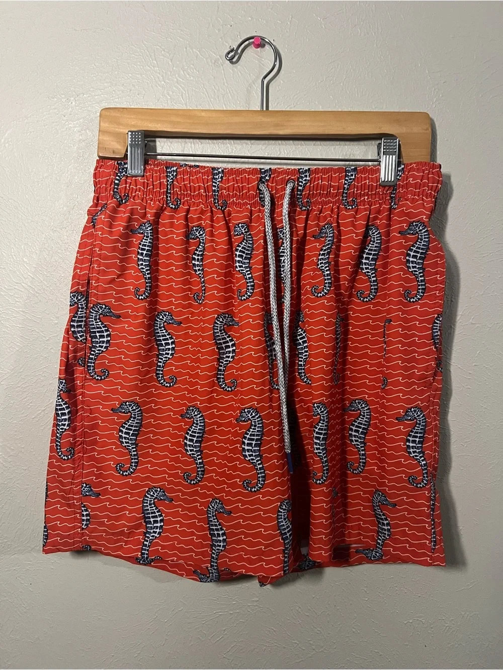 Men’s RAINFOREST Red Swim Shorts with Navy Seahorse Print Size Small
